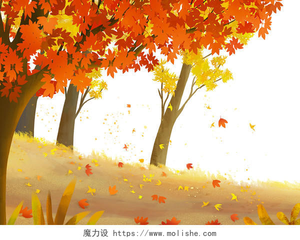 彩色手绘卡通枫树枫叶草地叶子秋天风景元素PNG素材